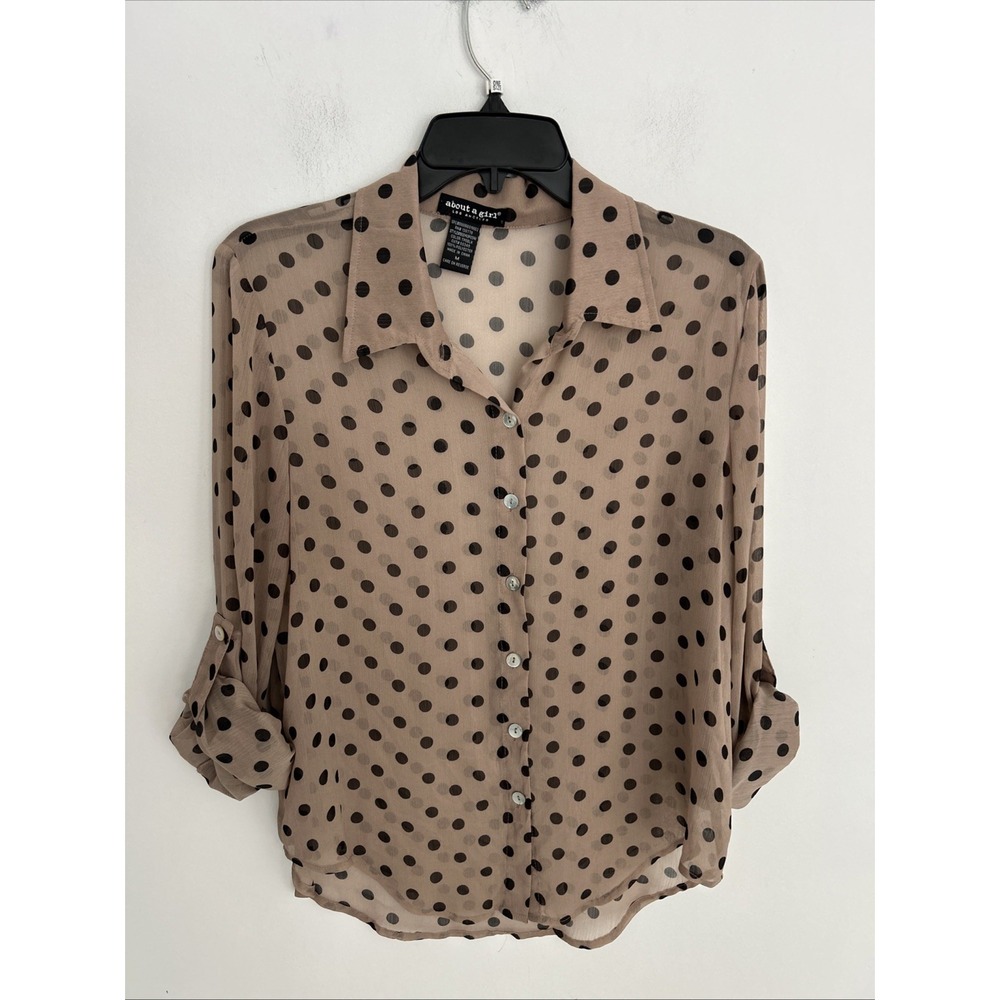 About A Girl Los Angeles Women's M Sheer Beige‎ Polkadot Button-Down Blouse